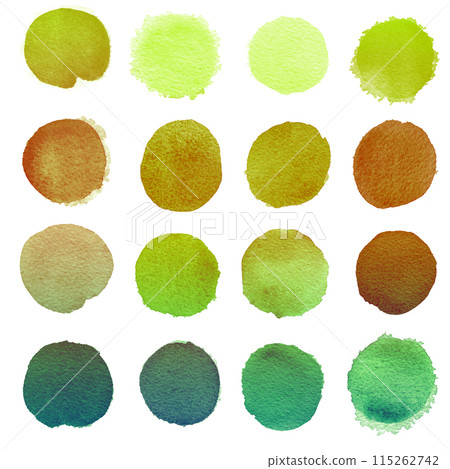 Set of colorful watercolor circles isolated on white. Green lime, brown, yellow circle painted watercolor on paper. Set of colorful watercolor circles isolated on white. Green lime, brown, yellow circle painted watercolor on paper. 115262742