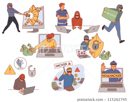 Cyber hackers scenes. Hacking system and protection, data, information and money theft, secure web traffic, breaking laptop. Network criminality cartoon flat style cybercrime vector set 115262745