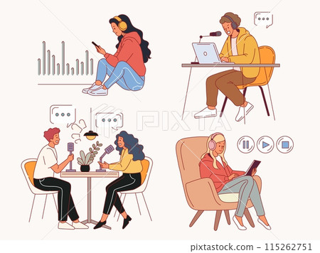 People streaming. Podcast participants with microphones and headphones, listeners, presenters and guests, interviews broadcast, men and women bloggers. Cartoon flat isolated vector set People streaming. Podcast participants with microphones and headphones, listeners, presenters and guests, interviews broadcast, men and women bloggers. Cartoon flat isolated vector set 115262751