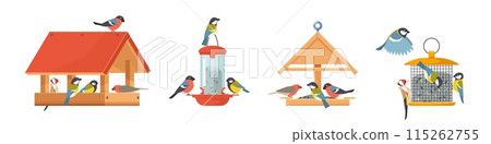 Wooden feeders with birds. Colorful houses with tits, bullfinches and goldfinches, winter care and fertilizing, places for grains, different birdhouse, cartoon flat isolated vector set Wooden feeders with birds. Colorful houses with tits, bullfinches and goldfinches, winter care and fertilizing, places for grains, different birdhouse, cartoon flat isolated vector set 115262755