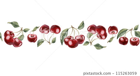 Cherry berries with leaves, watercolor isolated illustration. Seamless border with berry fruits for table textile, porcelain tableware delicious prints, summer fabrics, wrapping and food packages Cherry berries with leaves, watercolor isolated illustration. Seamless border with berry fruits for table textile, porcelain tableware delicious prints, summer fabrics, wrapping and food packages 115263059