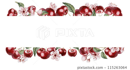 Cherry berries with flowers and leaves, watercolor isolated illustration. Horizontal frame with berry fruits for table textile, porcelain crockery, delicious, summer fabric, wrapping and food packages 115263064