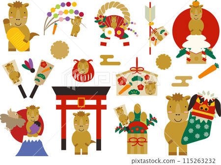 Cute New Year's illustration set for the Year of the Horse Cute New Year's illustration set for the Year of the Horse 115263232