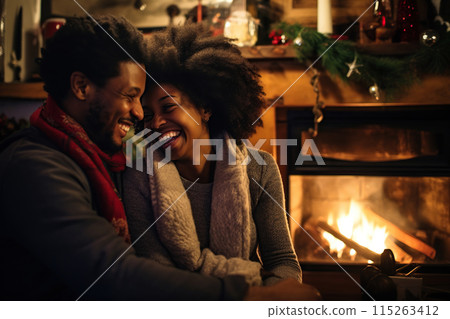 Happy young black couple hugging near fireplace in winter forest cabin 115263412