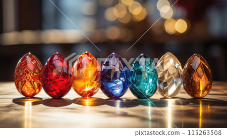 Precious gemstone Easter eggs, spectrum of colors, springtime celebration Precious gemstone Easter eggs, spectrum of colors, springtime celebration 115263508