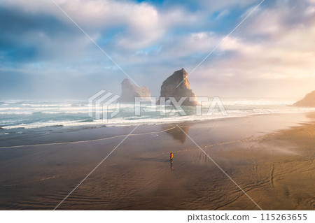 Sunrise shining over Wharariki beach and archway islands on Tasman sea at Cape Farewell, New Zealand 115263655