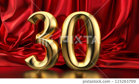 Golden Number 30 on Red Satin Fabric. Elegant Anniversary or Birthday Celebration Decoration Golden Number 30 on Red Satin Fabric. Elegant Anniversary or Birthday Celebration Decoration 115263709