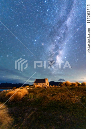 Milky Way, Nebula, Aurora Australis glowing over Church of the Good Shepherd at Lake Tekapo, New Zealand Milky Way, Nebula, Aurora Australis glowing over Church of the Good Shepherd at Lake Tekapo, New Zealand 115263743