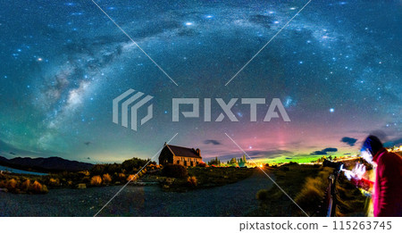Milky Way, Nebula, Aurora Australis glowing over Church of the Good Shepherd at Lake Tekapo, New Zealand Milky Way, Nebula, Aurora Australis glowing over Church of the Good Shepherd at Lake Tekapo, New Zealand 115263745