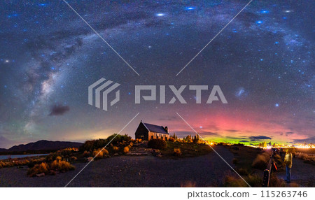 Milky Way, Nebula, Aurora Australis glowing over Church of the Good Shepherd at Lake Tekapo, New Zealand Milky Way, Nebula, Aurora Australis glowing over Church of the Good Shepherd at Lake Tekapo, New Zealand 115263746