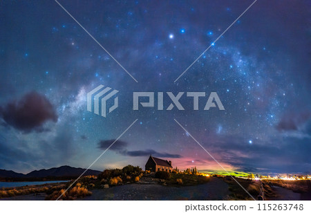 Milky Way, Nebula, Aurora Australis glowing over Church of the Good Shepherd at Lake Tekapo, New Zealand Milky Way, Nebula, Aurora Australis glowing over Church of the Good Shepherd at Lake Tekapo, New Zealand 115263748