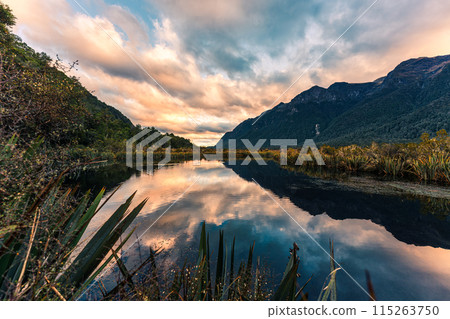 Landscape of Mirror Lakes with mountain and tropical rainforest reflection in the sunset at New Zealand Landscape of Mirror Lakes with mountain and tropical rainforest reflection in the sunset at New Zealand 115263750
