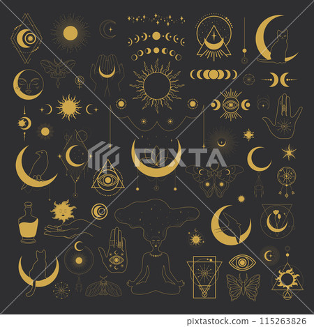 Big set of celestial magical and astrological symbols. Mystical emblems, magical animals, space elements. Vector illustration Big set of celestial magical and astrological symbols. Mystical emblems, magical animals, space elements. Vector illustration 115263826