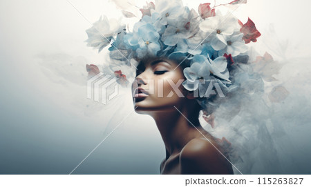 Woman profile with flowers in head, concept of mental health, double exposure 115263827