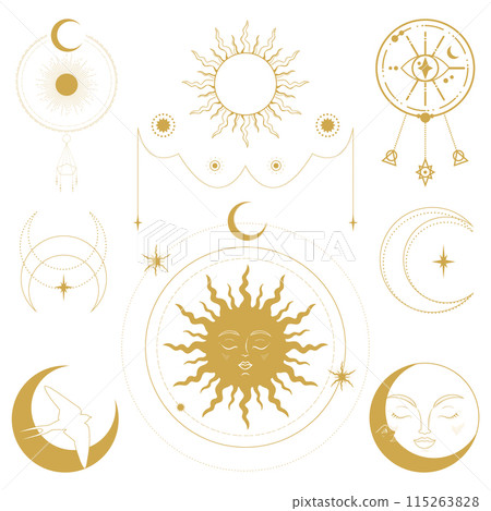 Celestial emblems with sun, crescent, bird and all seeing magical eye. Vector illustration 115263828