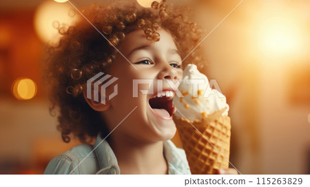 Curly haired child boy laughing with joy while eating caramel ice cream cone 115263829