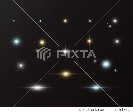 Flashing lights, sparkling stars. Light effects set on black background. White, blue and yellow twinkling stars. Vector illustration 115263832