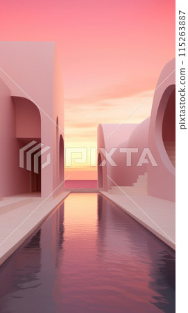Surreal pink sunset reflecting on water between arched white buildings 115263887