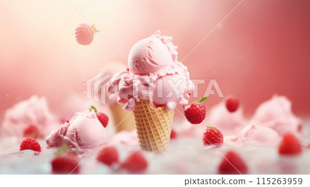 Pink color raspberry ice cream with berries ingredients food background 115263959