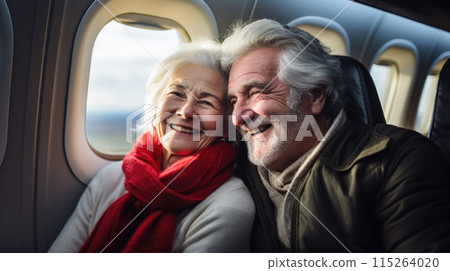 Joyful senior couple travelling by plane, holiday vacation concept 115264020