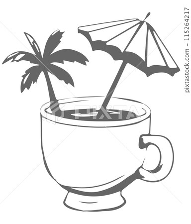 Illustration of a coffee cup with palm tree and parasol decoration Illustration of a coffee cup with palm tree and parasol decoration 115264217