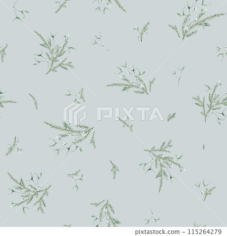 Seamless pattern with New Year's green plants and berry white mistletoe. Repeat pattern with coniferous forest branches of spruce or fir. Watercolor hand drawing illustration on isolated background. 115264279