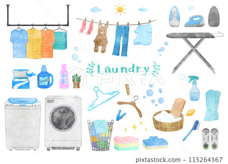 Laundry illustration set, hand-drawn watercolor style 115264367