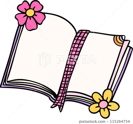 Retro Groovy Book opened Pastel Trendy Doodle Drawing  Bookish Flower Art 115264734