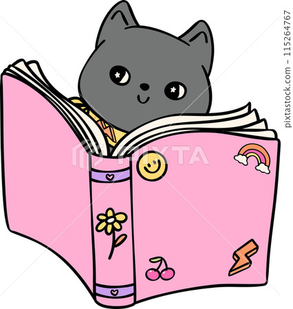 Retro Groovy book and cat funky doodle drawing Retro Groovy book and cat funky doodle drawing 115264767