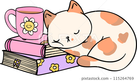 Retro Groovy book and cat funky doodle drawing 115264769