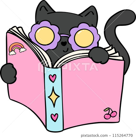Retro Groovy book and cat funky doodle drawing Retro Groovy book and cat funky doodle drawing 115264770