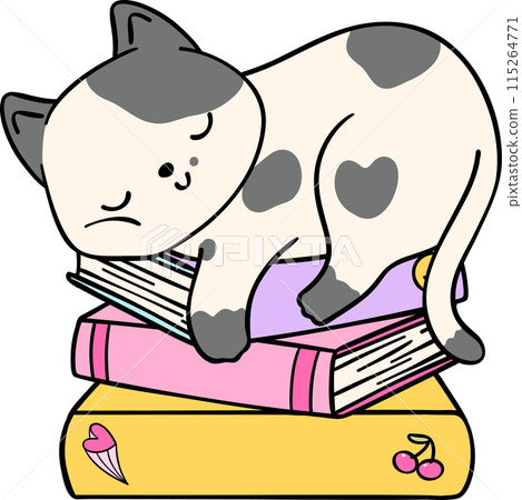 Retro Groovy book and cat funky doodle drawing 115264771