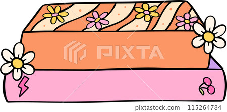 Retro Groovy Book stacked Pastel Trendy Doodle Drawing Bookish Flower Art Retro Groovy Book stacked Pastel Trendy Doodle Drawing Bookish Flower Art 115264784