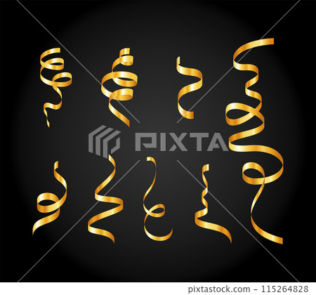 Gold confetti. Serpentine spiral ribbons. Golden luxury party decor. 115264828