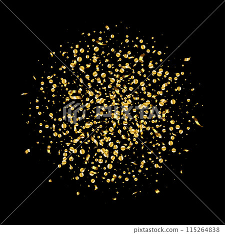 Golden serpentine ribbons frame. Confetti round banner. Luxury decoration for Christmas 115264838