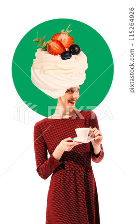 Beautiful young woman in elegant red polka-dot dress holds teacup and hat made of whipped cream with berries. Contemporary art collage. 115264926
