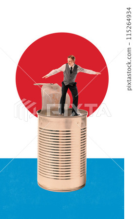 Man in formal attire balancing on open tin can against abstract background. Contemporary art collage. 115264934