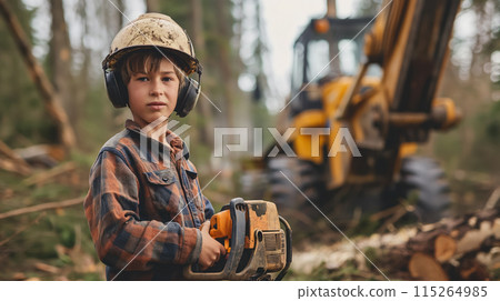 Young forester with chainsaw. 115264985