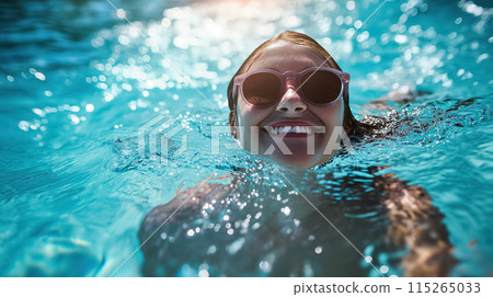 Happy swimmer in pool with sunglasses. 115265033
