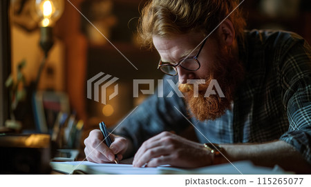 Man writing intently at a desk. 115265077