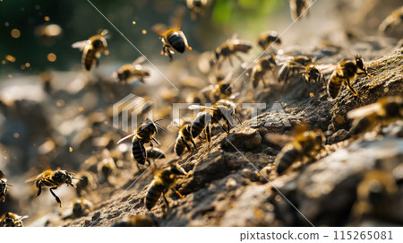 Swarm of bees on a rock. 115265081