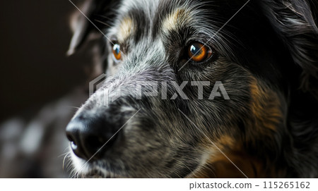Intense dog with captivating amber eyes. 115265162
