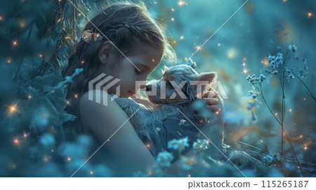 Girl and dog sharing a tender moment. 115265187