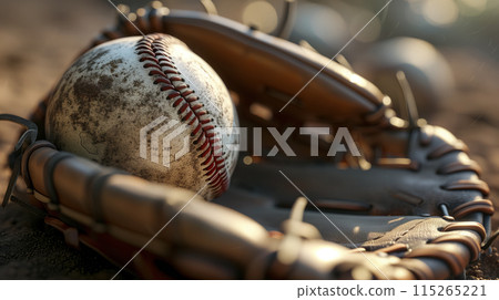 Baseball and glove on the field at sunset. 115265221