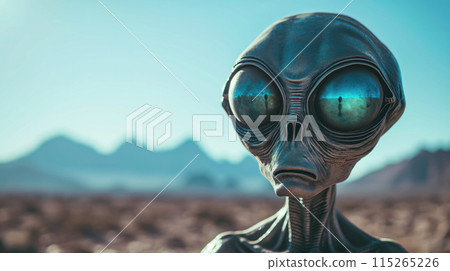 Alien figure in a desert with mountains. 115265226