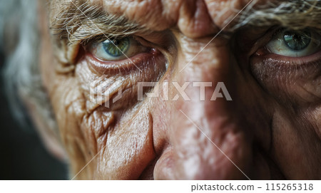 Intense close-up of an older man's weathered eyes. 115265318