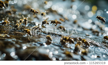 Busy bees hovering over the glistening water's edge. Busy bees hovering over the glistening water's edge. 115265319