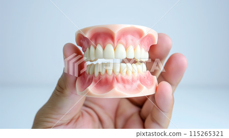 Hand holding a model of human teeth and gums. Hand holding a model of human teeth and gums. 115265321