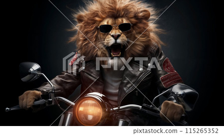 Roaring lion on a motorcycle. 115265352