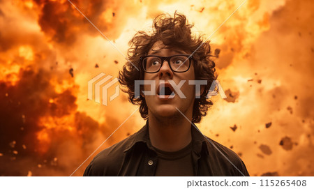Shocked man with explosion behind. 115265408